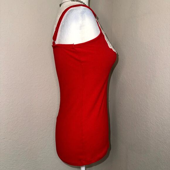 Bongo Y2K Cami Tank Top Women Large Red Cotton Ribbed Lace Neck Spaghetti Strap - Picture 2 of 8